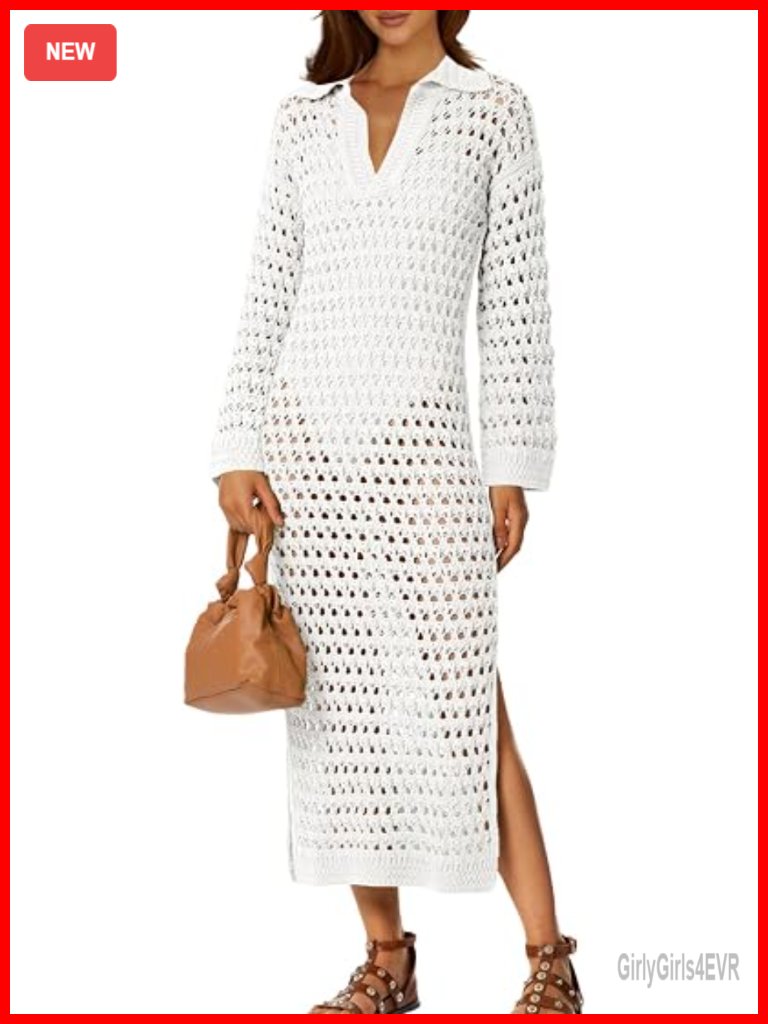 Crochet Swimsuit Cover Up Long Sleeve V Neck Maxi Dress Beach Coverup
